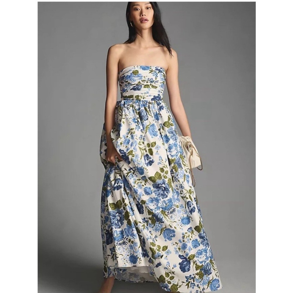 Reformation Kastoria Dress In Lucca Size 2 Blue Floral Print Straps Full Gown